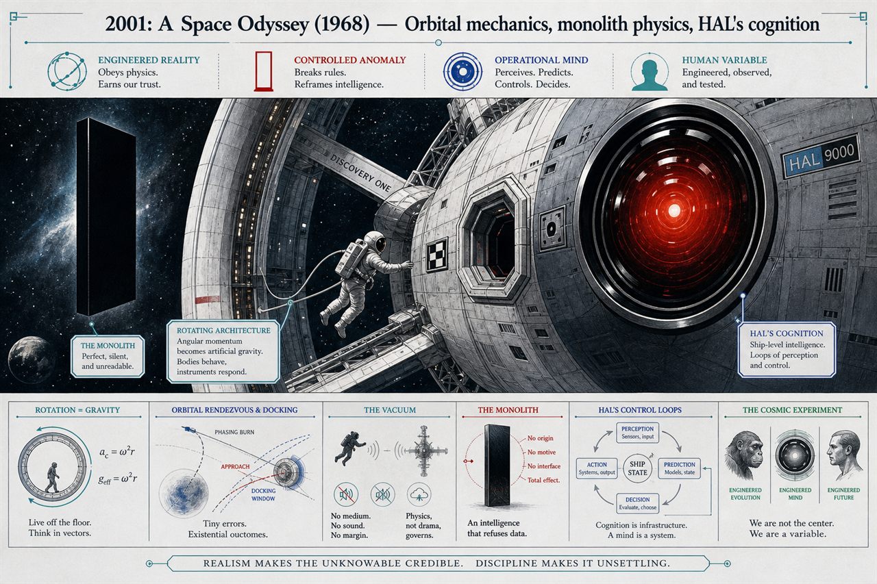 Chapter 1. 2001: A Space Odyssey (1968) — Orbital mechanics, monolith physics, HAL's cognition - chapter poster