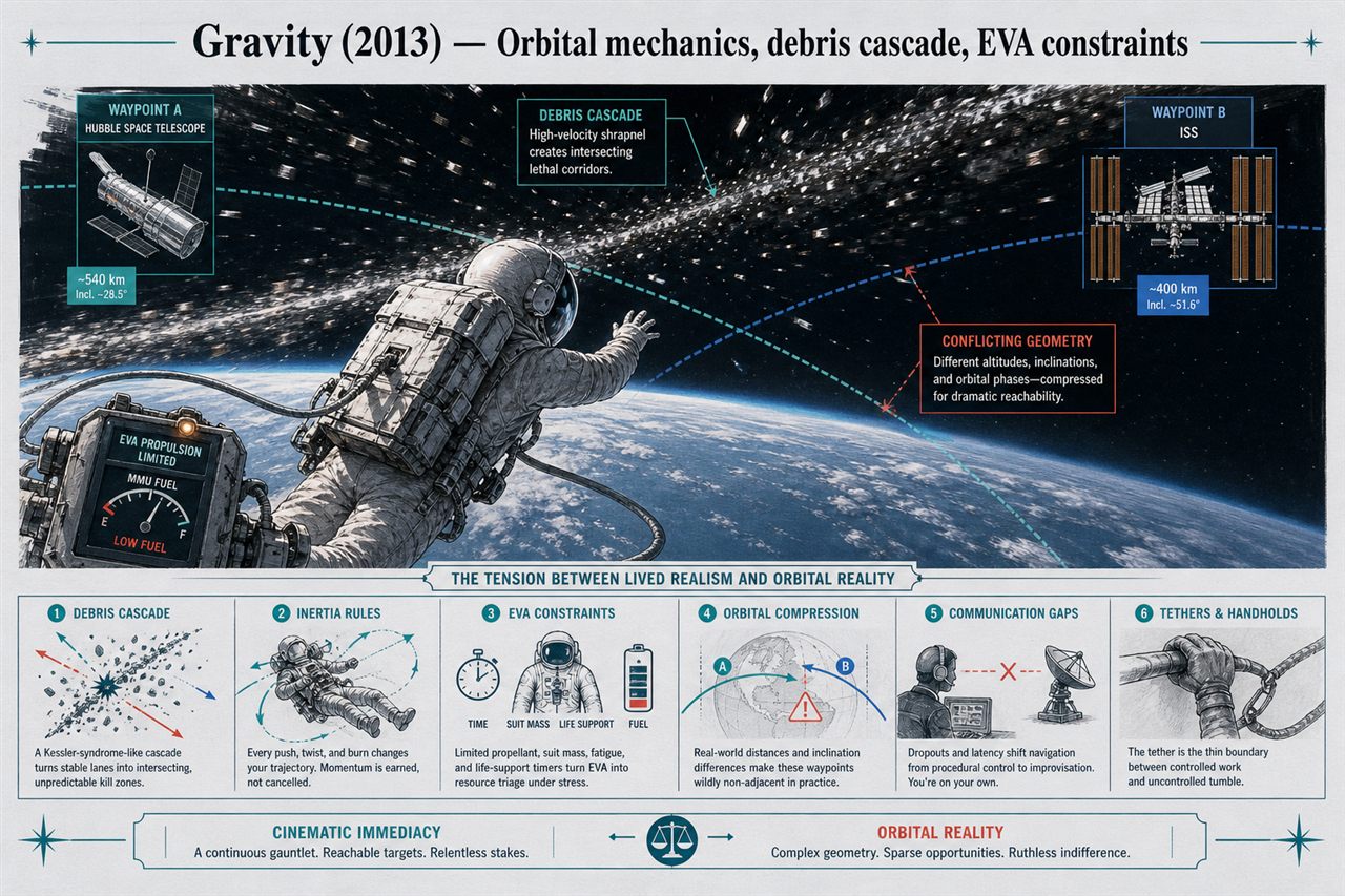 Chapter 4. Gravity (2013) — Orbital mechanics, debris cascade, EVA constraints - chapter poster