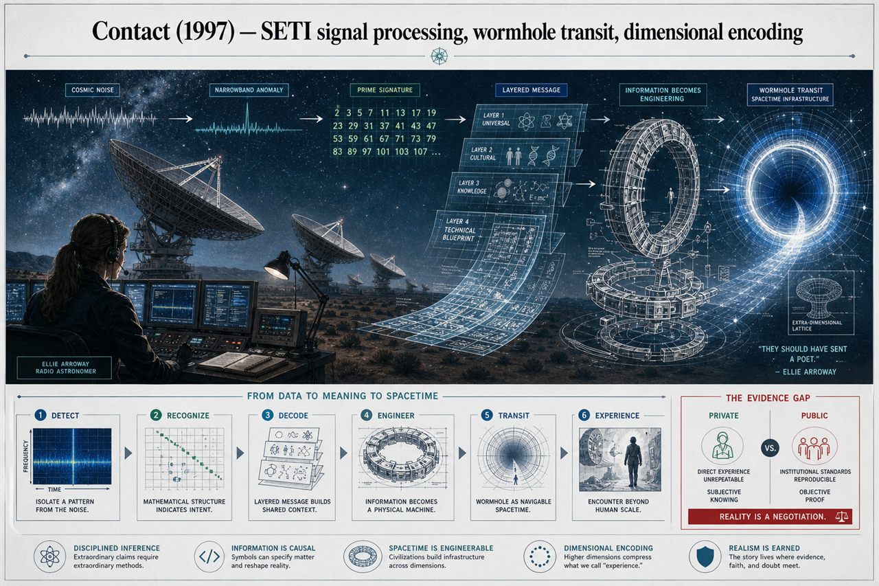 Chapter 5. Contact (1997) — SETI signal processing, wormhole transit, dimensional encoding - chapter poster