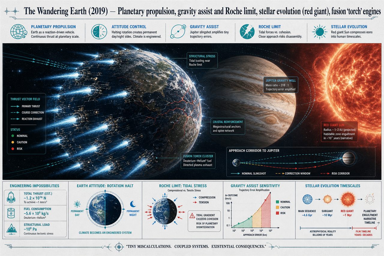 Chapter 18. The Wandering Earth (2019) — Planetary propulsion, gravity assist and Roche limit, stellar evolution (red giant), fusion 'torch' engines - chapter poster