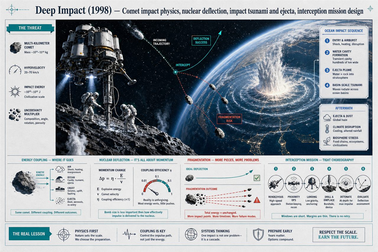 Chapter 19. Deep Impact (1998) — Comet impact physics, nuclear deflection, impact tsunami and ejecta, interception mission design - chapter poster