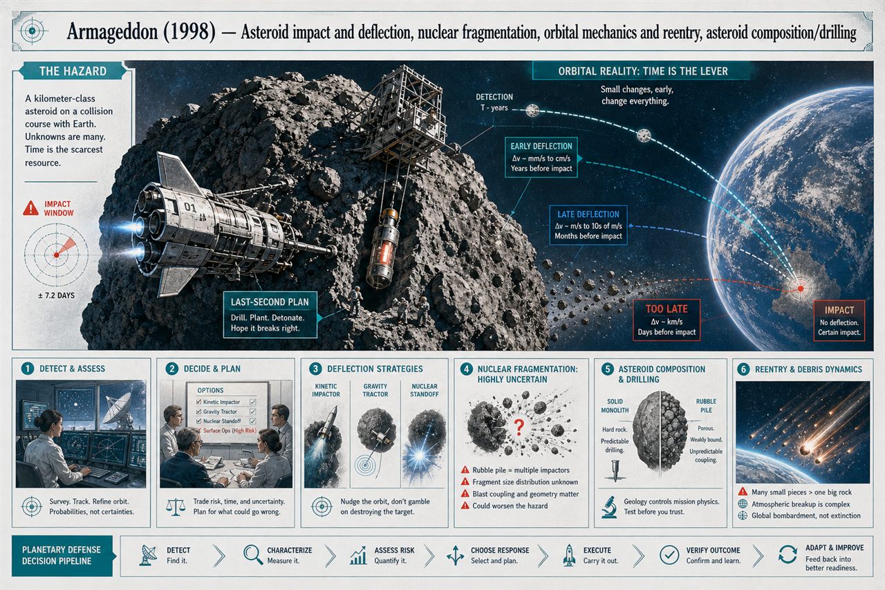 Chapter 20. Armageddon (1998) — Asteroid impact and deflection, nuclear fragmentation, orbital mechanics and reentry, asteroid composition/drilling - chapter poster