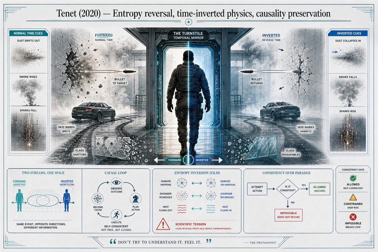 Chapter 23. Tenet (2020) — Entropy reversal, time-inverted physics, causality preservation - chapter poster