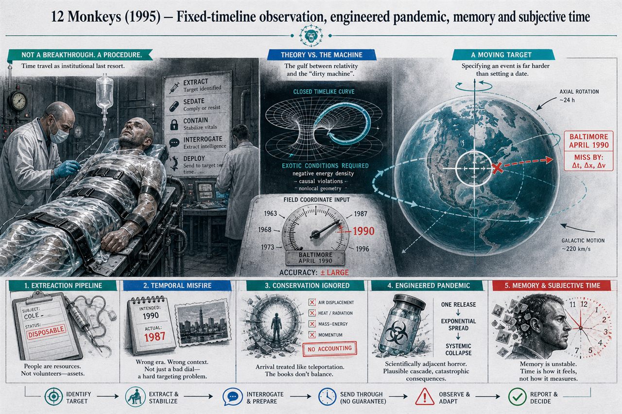 Chapter 27. 12 Monkeys (1995) — Fixed-timeline observation, engineered pandemic, memory and subjective time - chapter poster