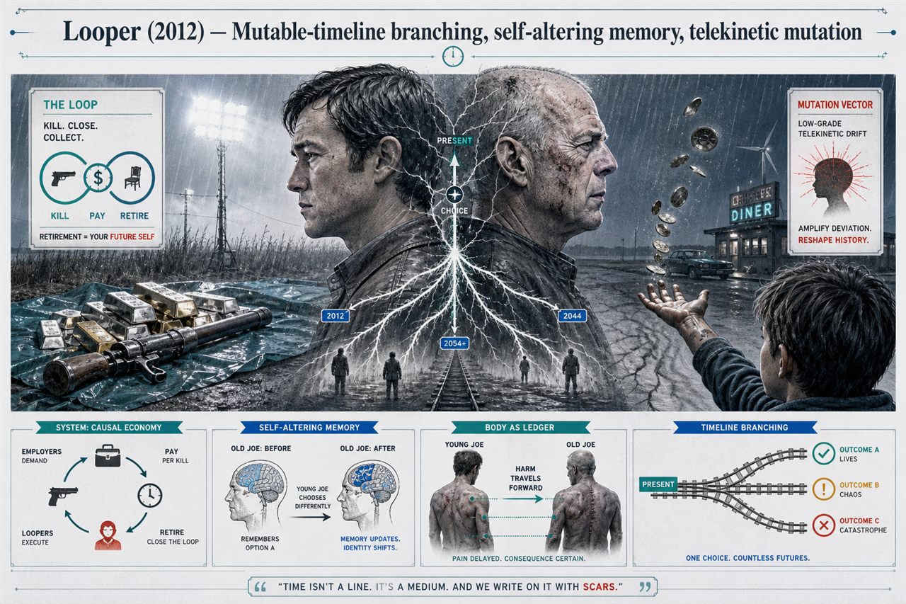 Chapter 28. Looper (2012) — Mutable-timeline branching, self-altering memory, telekinetic mutation - chapter poster