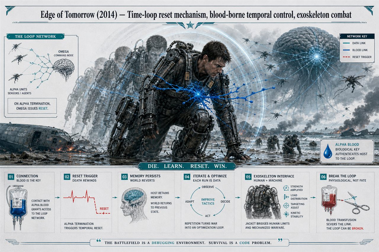 Chapter 30. Edge of Tomorrow (2014) — Time-loop reset mechanism, blood-borne temporal control, exoskeleton combat - chapter poster