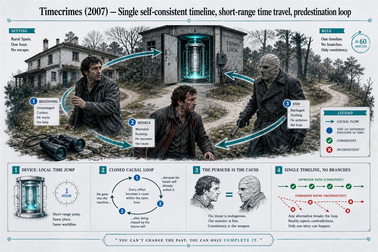 Chapter 33. Timecrimes (2007) — Single self-consistent timeline, short-range time travel, predestination loop - chapter poster