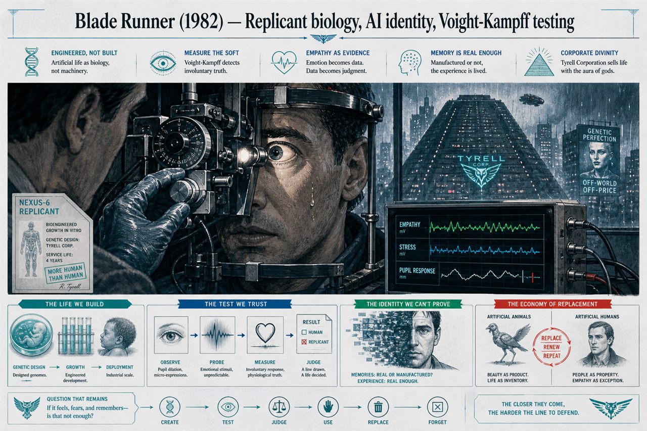 Chapter 34. Blade Runner (1982) — Replicant biology, AI identity, Voight-Kampff testing - chapter poster