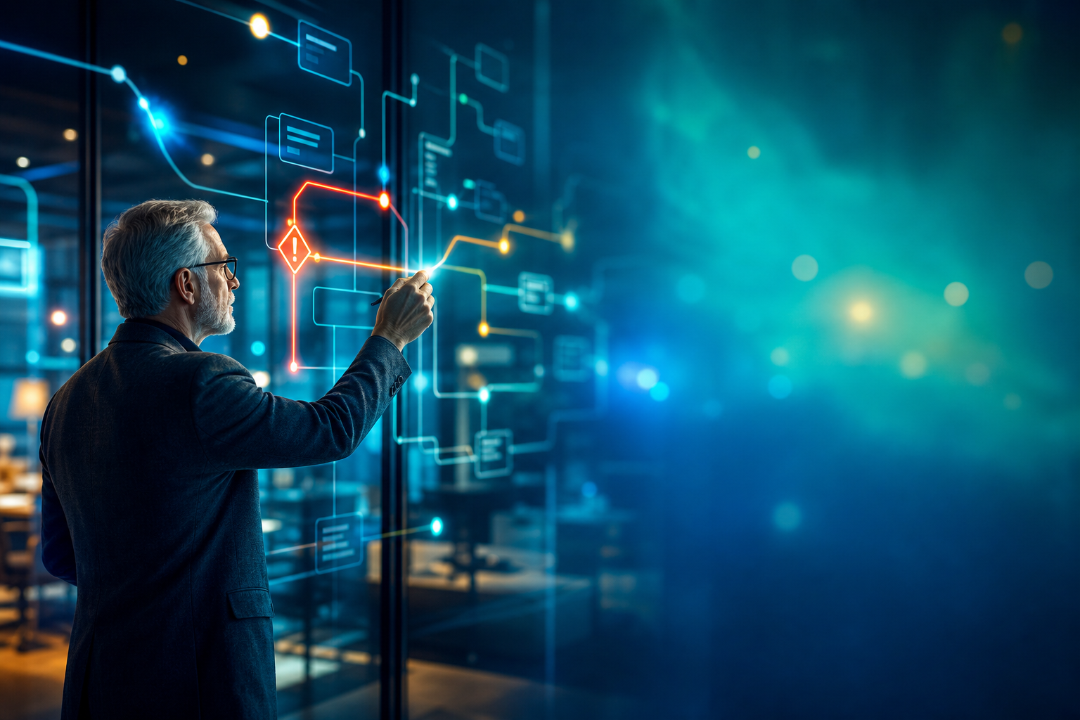 Architecture & Decision Review Sprint — a senior architect at a glass wall of glowing system architecture, tracing one highlighted risk path with a light pen