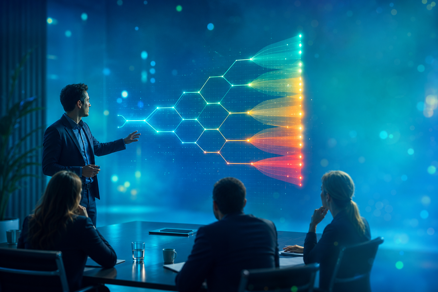 Decision Support + Simulation Pack — a presenter at a boardroom table gestures toward a glowing branching decision tree that fans into a green-to-red spectrum of ranked scenario outcomes, as three colleagues look on