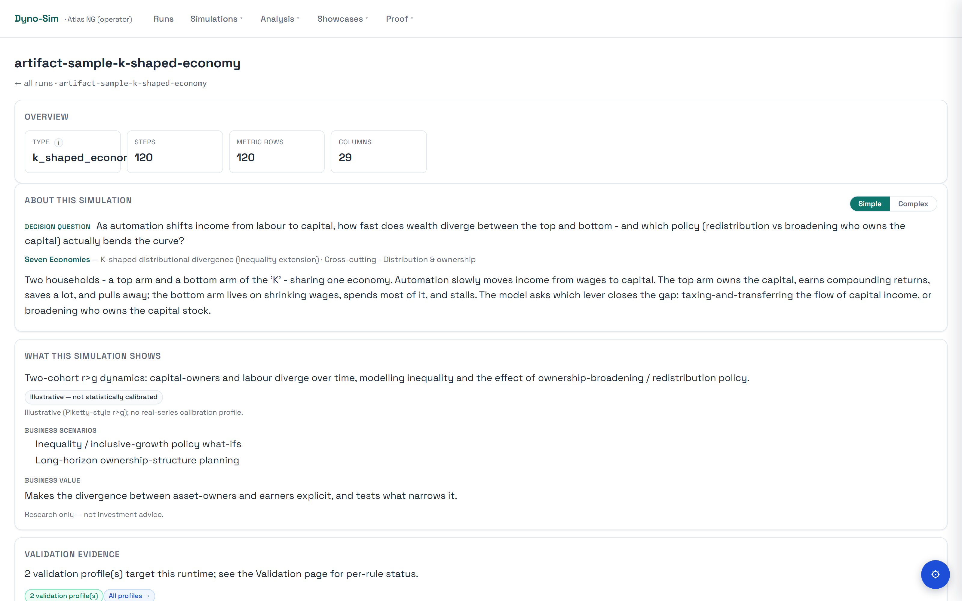The baseline run's page in the Dyno-Sim operator dashboard: decision question, fidelity label, and run overview
