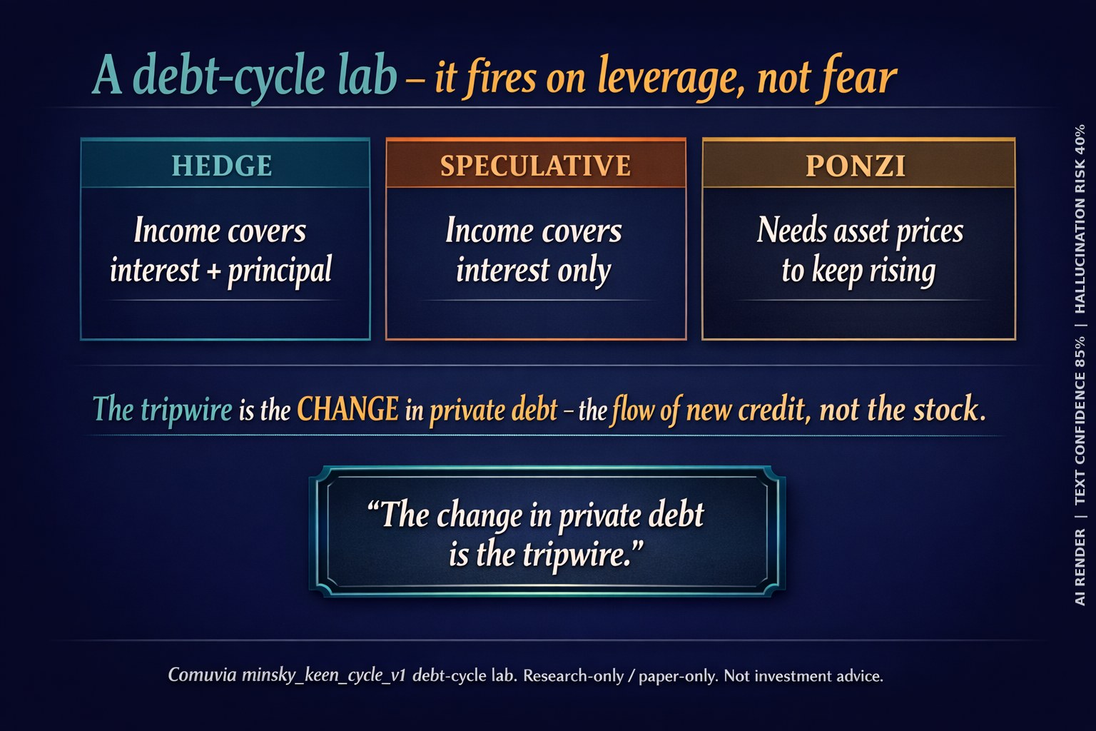 A spec-arm render of the debt-cycle slide carrying the trust watermark along its right edge, reading AI RENDER, TEXT CONFIDENCE 85 PERCENT, HALLUCINATION RISK 40 PERCENT.
