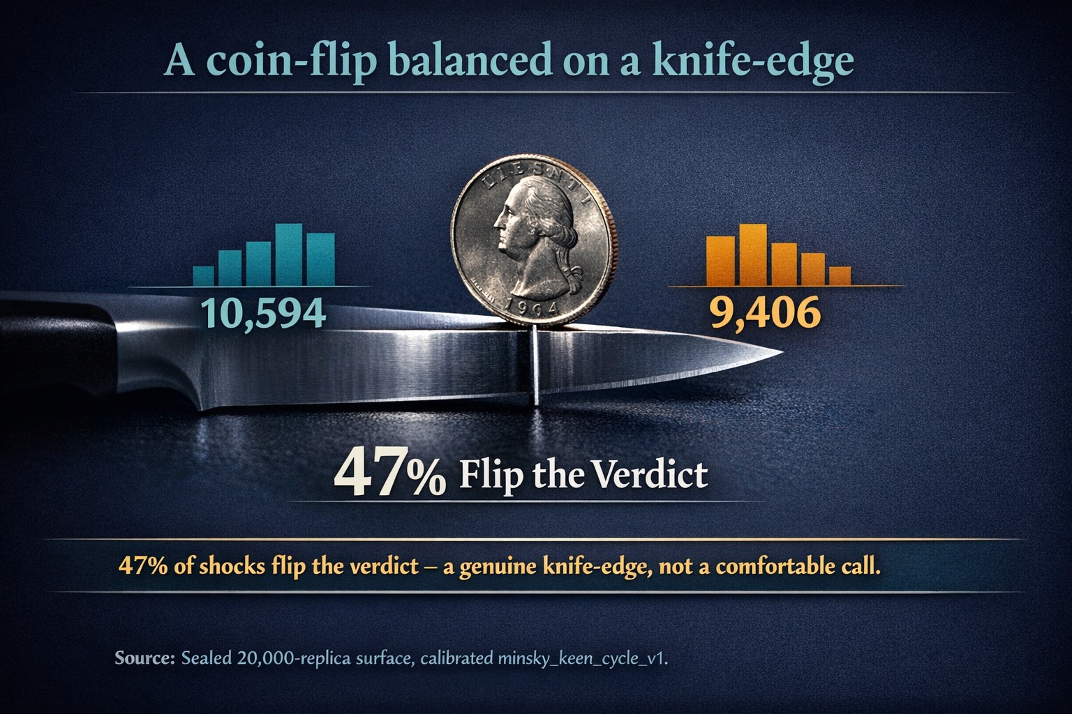 Free-form gpt-image-1.5 render staging a photoreal coin balanced on a knife blade, the coin carrying an invented 1994 mint date and a garbled legend