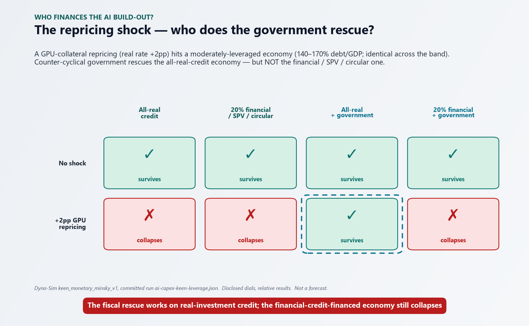 Matrix — a repricing shock (real rate +2 percentage points) against a moderately-leveraged economy. With no shock, all four financing regimes survive. Under the shock, the all-real-credit economy collapses and the 20%-financial economy collapses; adding counter-cyclical government rescues the all-real-credit economy (survives) but the financial-credit economy still collapses even with government.