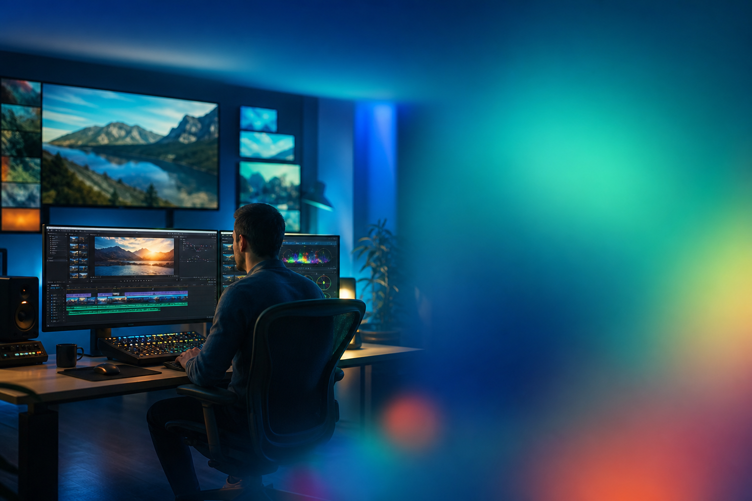 Comuvia Vision — a media editor at a multi-monitor studio desk reviewing frontier-technology footage, bathed in a luminous cool-jewel gradient