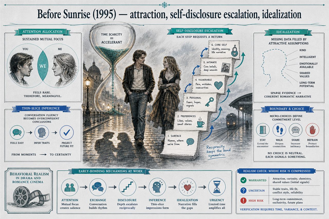 Chapter 1. Before Sunrise (1995) — attraction, self-disclosure escalation, idealization - chapter poster