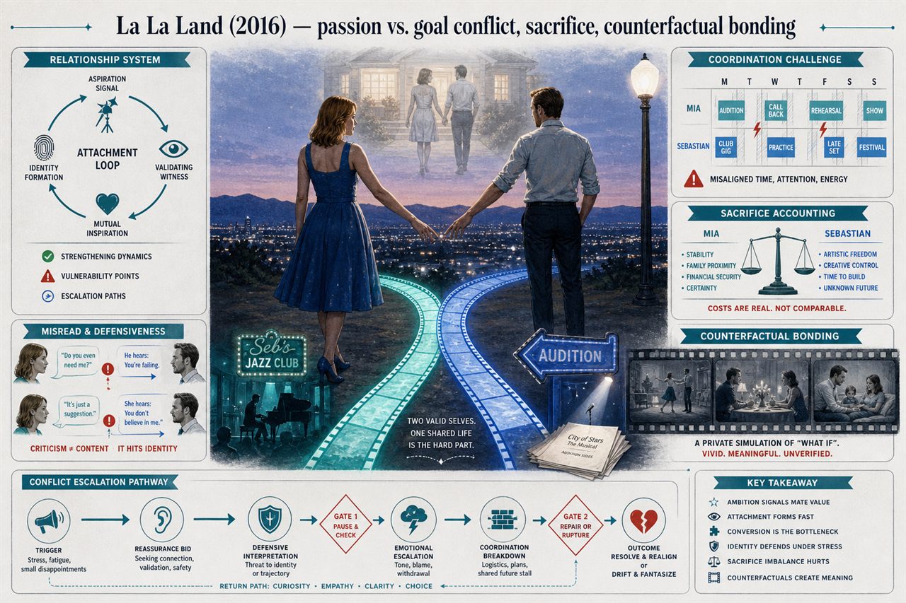 Chapter 3. La La Land (2016) — passion vs. goal conflict, sacrifice, counterfactual bonding - chapter poster
